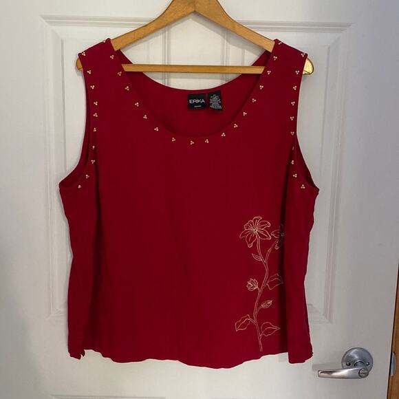 ERIKA WOMAN Tank Top 2X Red with Bead & Embroidered Trim Linen Rayon *flaw - Picture 1 of 9